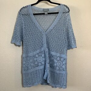 Vintage Y2K Blue Crochet Cottagecore Feminine Oversized Open Knit Cardigan L